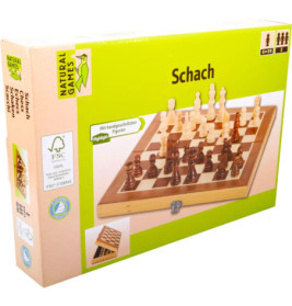 Holzschachset-Box mit Aufschrift Schach sowie Abbildungen von Spielbrett und Figuren auf der Verpackung.