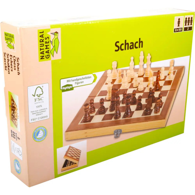 Holzschachset-Box mit Aufschrift Schach sowie Abbildungen von Spielbrett und Figuren auf der Verpackung. Holzschachset-Box mit Aufschrift Schach sowie Abbildungen von Spielbrett und Figuren auf der Verpackung.