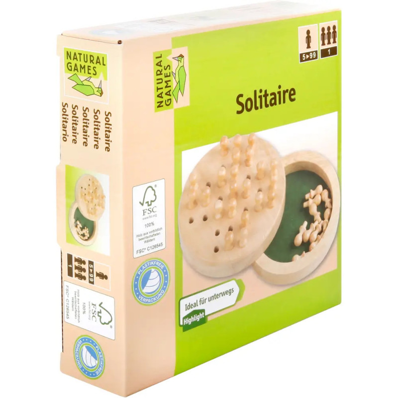 Solitaire von Natural Games mit Holzstiften und Rundbrett, geeignet für Kinder und Erwachsene ab 5 Jahren. Solitaire von Natural Games mit Holzstiften und Rundbrett, geeignet für Kinder und Erwachsene ab 5 Jahren.