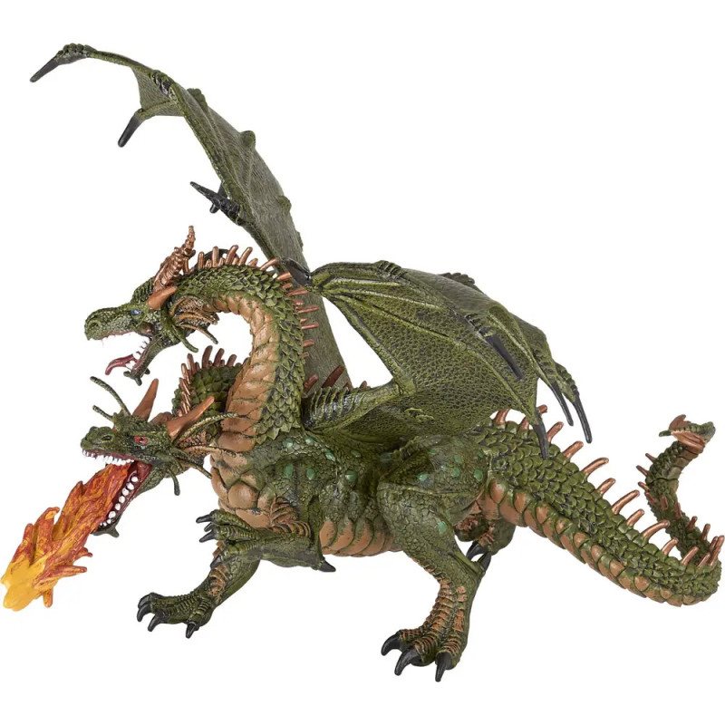 Eine dreiköpfige, grüne Drachenfigur mit detaillierten Flügeln und Stachelschuppen speit Feuer. Eine dreiköpfige, grüne Drachenfigur mit detaillierten Flügeln und Stachelschuppen speit Feuer.