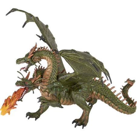 Eine dreiköpfige, grüne Drachenfigur mit detaillierten Flügeln und Stachelschuppen speit Feuer. Eine dreiköpfige, grüne Drachenfigur mit detaillierten Flügeln und Stachelschuppen speit Feuer.