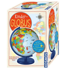 Verpackung eines Kinderglobus mit bunter Weltkarte und deutscher Beschriftung, Globus vorne und seitlich abgebildet.