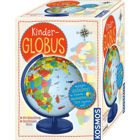 Verpackung eines Kinderglobus mit bunter Weltkarte und deutscher Beschriftung, Globus vorne und seitlich abgebildet. Verpackung eines Kinderglobus mit bunter Weltkarte und deutscher Beschriftung, Globus vorne und seitlich abgebildet.