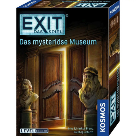 Spieleschachtel von EXIT: Das mysteriöse Museum mit leuchtenden Doppeltüren und klassischen Büsten.