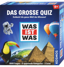 Quizspiel-Box mit Pyramiden, Heißluftballons, Astronaut und Tukan Beschriftung auf Deutsch.