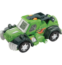 Grünes Spielzeugauto mit schwarzen, silbernen und orangefarbenen Details sowie großen Frontkrallen im Offroad-Stil.
