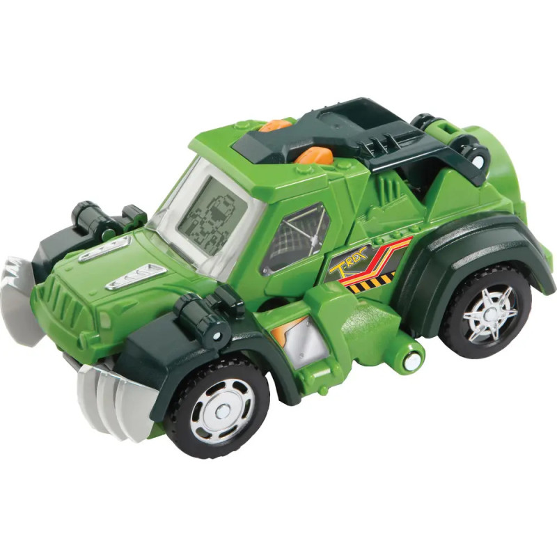 Grünes Spielzeugauto mit schwarzen, silbernen und orangefarbenen Details sowie großen Frontkrallen im Offroad-Stil. Grünes Spielzeugauto mit schwarzen, silbernen und orangefarbenen Details sowie großen Frontkrallen im Offroad-Stil.