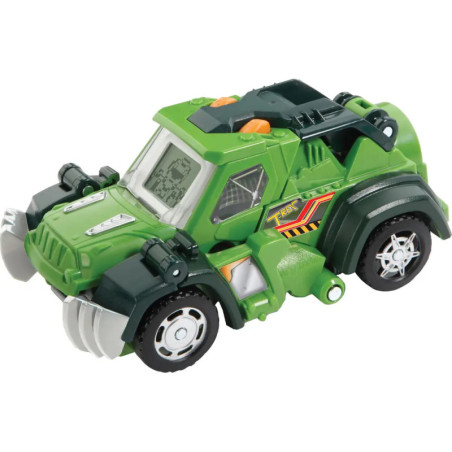 Grünes Spielzeugauto mit schwarzen, silbernen und orangefarbenen Details sowie großen Frontkrallen im Offroad-Stil.
