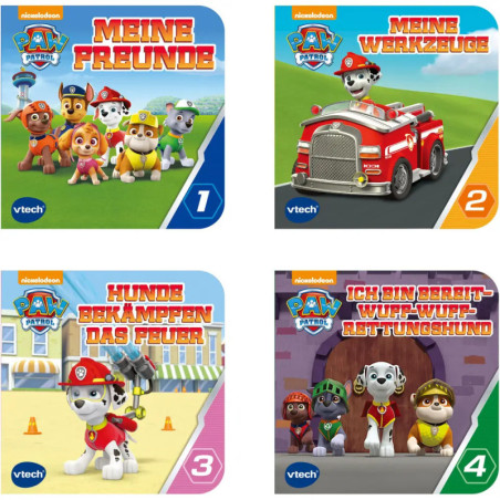 Vier bunte PAW Patrol Pappbücher auf Deutsch, jeweils mit unterschiedlichen Figuren und Motiven auf dem Cover.
