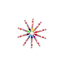 Zwölf bunte Marker liegen kreisförmig mit den Spitzen nach innen wie ein Stern angeordnet.