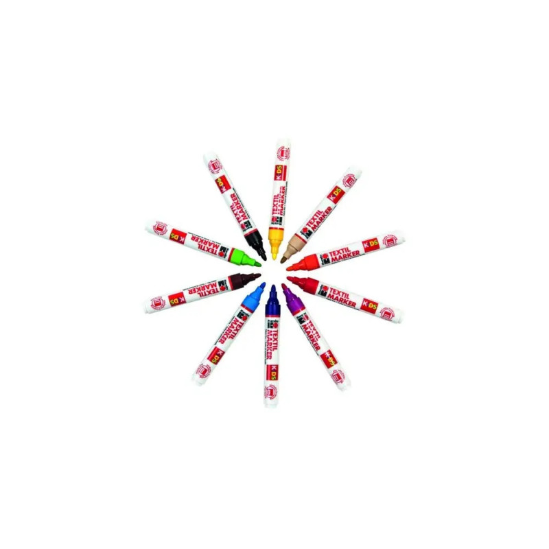 Zwölf bunte Marker liegen kreisförmig mit den Spitzen nach innen wie ein Stern angeordnet.