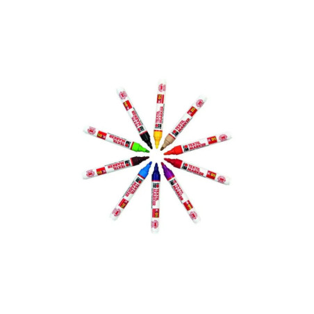 Zwölf bunte Marker liegen kreisförmig mit den Spitzen nach innen wie ein Stern angeordnet.