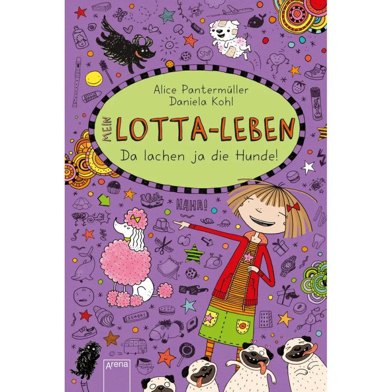 Buntes Buchcover mit lachendem Mädchen, drei fröhlichen Hunden und spielerischen Kritzeleien.