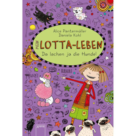Buntes Buchcover mit lachendem Mädchen, drei fröhlichen Hunden und spielerischen Kritzeleien.