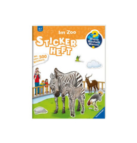 Cover eines Kinder-Zoo-Stickerbuchs mit Zebras, weiteren Tieren und Hinweis auf über 300 Sticker.