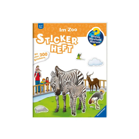 Cover eines Kinder-Zoo-Stickerbuchs mit Zebras, weiteren Tieren und Hinweis auf über 300 Sticker.