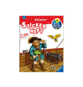 Stickerbuch-Cover mit Pirat, Papagei, Kanone und Titel Sticker Heft Piraten auf Deutsch.