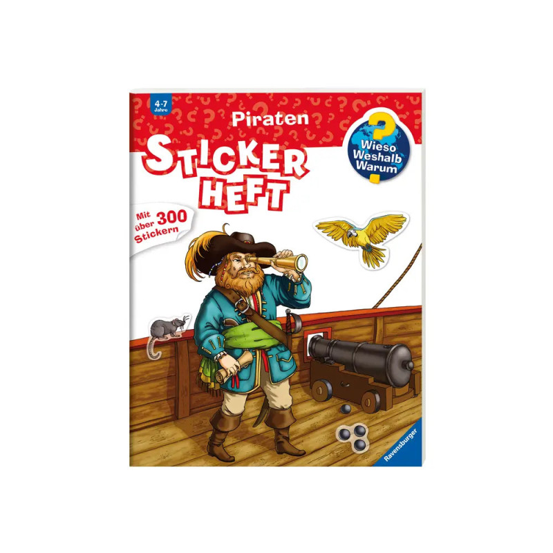 Stickerbuch-Cover mit Pirat, Papagei, Kanone und Titel Sticker Heft Piraten auf Deutsch.