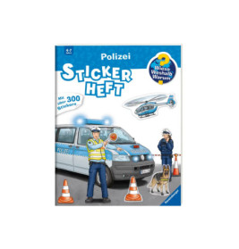 Kinder-Stickerbuch-Cover mit Polizisten, Polizeiwagen, Hund, Leitkegeln und einem Hubschrauber-Sticker.