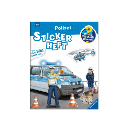 Kinder-Stickerbuch-Cover mit Polizisten, Polizeiwagen, Hund, Leitkegeln und einem Hubschrauber-Sticker.