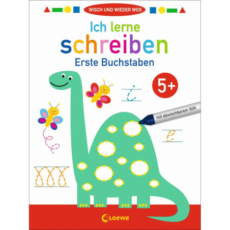 Buntes Arbeitsheft mit lächelndem Dino, Schmetterlingen und dem Titel: Ich lerne schreiben. 5+.