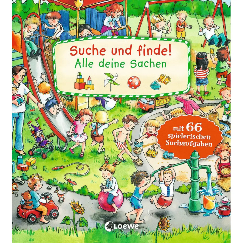 Kinder spielen auf buntem Spielplatz mit Rutschen, Schaukeln und Spielzeug Buchcover auf Deutsch.