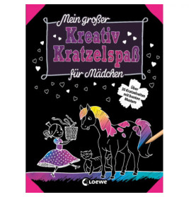 Kratzkunst-Buchcover mit Mädchen, Katze, Regenbogenpferd, deutschem Text und pinkem Rand.