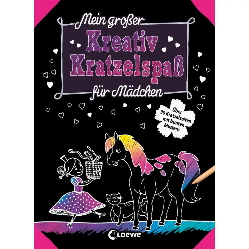 Kratzkunst-Buchcover mit Mädchen, Katze, Regenbogenpferd, deutschem Text und pinkem Rand.