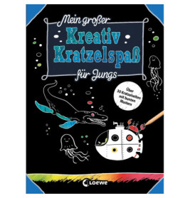 Buchcover mit Meerestieren, U-Boot und bunten Kratzkunst-Designs auf schwarzem Hintergrund.