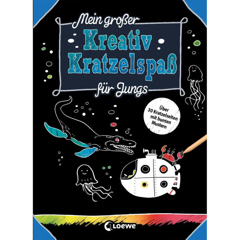 Buchcover mit Meerestieren, U-Boot und bunten Kratzkunst-Designs auf schwarzem Hintergrund.