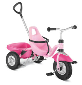 Pinkes Kinderdreirad mit Rückenkorb, Sicherheitsgurt und Schiebestange für Erwachsene.