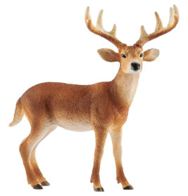 Realistische braune Hirschfigur mit großem Geweih, steht auf vier Beinen, vor weißem Hintergrund.