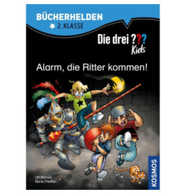 Drei Kinder fliehen vor einem angreifenden Ritter in Rüstung Buchtitel von Die drei ?? Kinder.