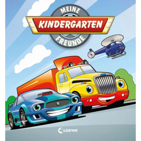 Lächelndes Cartoon-Auto, -LKW und -Hubschrauber, darüber der Text Meine Kindergarten Freunde.