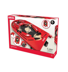 Rote BRIO Pinball Game Box mit Spielabbildungen und Altersangabe ab 6 Jahren auf der Verpackung.