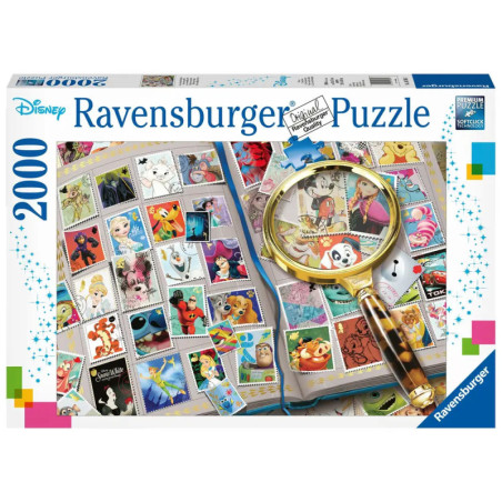 Schachtel eines 2000-teiligen Ravensburger Puzzles mit Disney-Figuren als Briefmarken und einer Lupe.