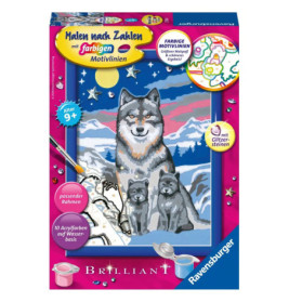 Malset-Box zeigt einen Wolf mit zwei Jungen in verschneiter Landschaft und bunten Sternen am Himmel.