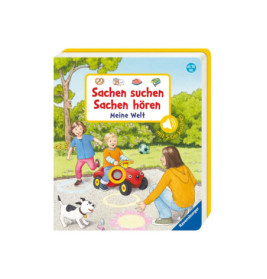 Kinder spielen draußen mit rotem Spielzeugauto und Hund, ein Erwachsener sitzt daneben deutsches Buchcover zu sehen.