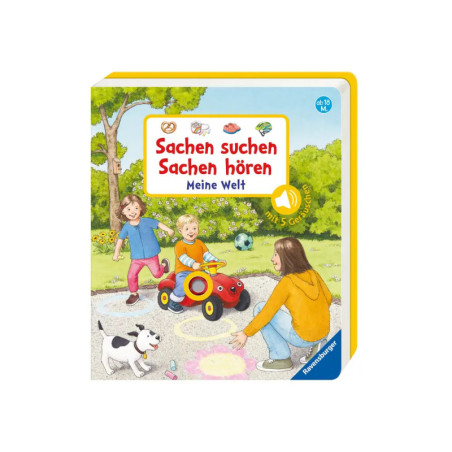 Kinder spielen draußen mit rotem Spielzeugauto und Hund, ein Erwachsener sitzt daneben deutsches Buchcover zu sehen. Kinder spielen draußen mit rotem Spielzeugauto und Hund, ein Erwachsener sitzt daneben deutsches Buchcover zu sehen.
