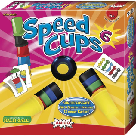 Speed Cups 6: Spielschachtel mit bunten Bechern, Karten und Glocke für 2-6 Spieler ab 6 Jahren.