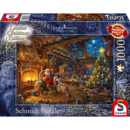 Schmidt Puzzle mit 1000 Teilen zeigt den Weihnachtsmann am Kamin in festlich geschmücktem Zimmer.