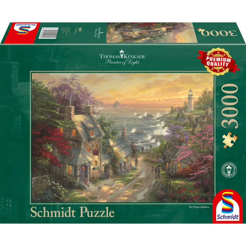 Puzzlebox mit Thomas Kinkade-Gemälde (Dorf, Leuchtturm, Meer), 3000 Teile, Schmidt Puzzle beschriftet. Puzzlebox mit Thomas Kinkade-Gemälde (Dorf, Leuchtturm, Meer), 3000 Teile, Schmidt Puzzle beschriftet.