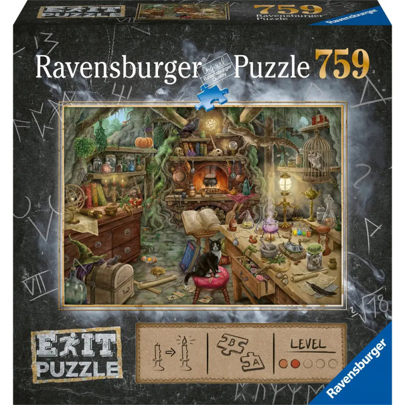 Ravensburger Puzzle, 759 Teile, zeigt eine magische Waldwerkstatt mit einer schwarzen Katze im Zentrum. Ravensburger Puzzle, 759 Teile, zeigt eine magische Waldwerkstatt mit einer schwarzen Katze im Zentrum.