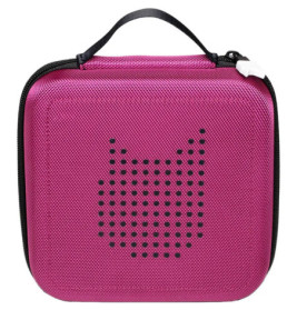 Rosa quadratische Tragetasche mit einem Katzen-Gesicht aus schwarzen, gestanzten Punkten auf der Vorderseite.