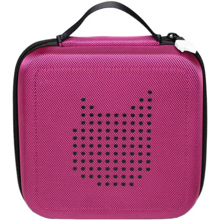 Rosa quadratische Tragetasche mit einem Katzen-Gesicht aus schwarzen, gestanzten Punkten auf der Vorderseite. Rosa quadratische Tragetasche mit einem Katzen-Gesicht aus schwarzen, gestanzten Punkten auf der Vorderseite.