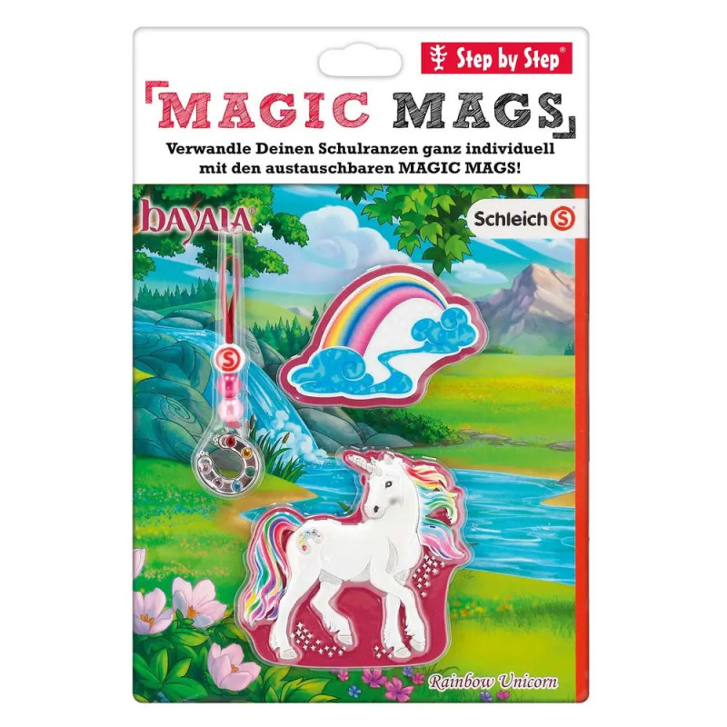 Step by Step® MAGIC MAGS Schleich bayala® Set: Rainbow Unicorn mit Regenbogen und Schlüsselanhänger auf buntem Hintergrund.