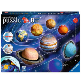 Ravensburger 3D-Puzzle-Box mit den 8 Planeten des Sonnensystems vor sternenreichem Hintergrund.