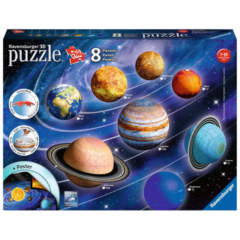 Ravensburger 3D-Puzzle-Box mit den 8 Planeten des Sonnensystems vor sternenreichem Hintergrund.