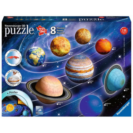 Ravensburger 3D-Puzzle-Box mit den 8 Planeten des Sonnensystems vor sternenreichem Hintergrund.
