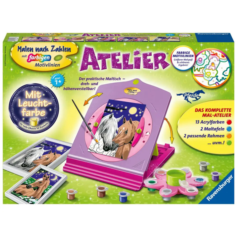 Malen-nach-Zahlen-Set Pferd mit Staffelei, Pinseln, Farben inkl. Leuchtfarbe in bunter Verpackung. Malen-nach-Zahlen-Set Pferd mit Staffelei, Pinseln, Farben inkl. Leuchtfarbe in bunter Verpackung.